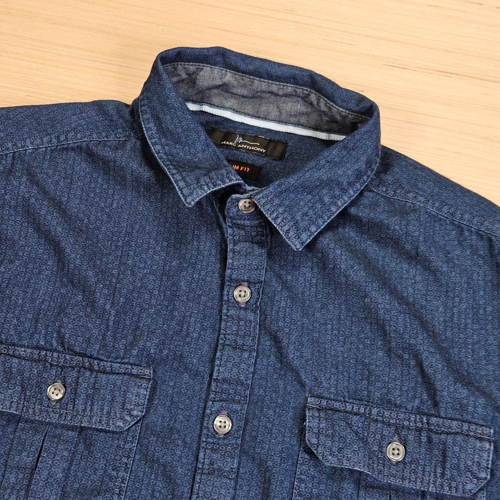 Marc Anthony Button Down Shirt Mens M Blue Slim Fit Short Sleeve Micro Print